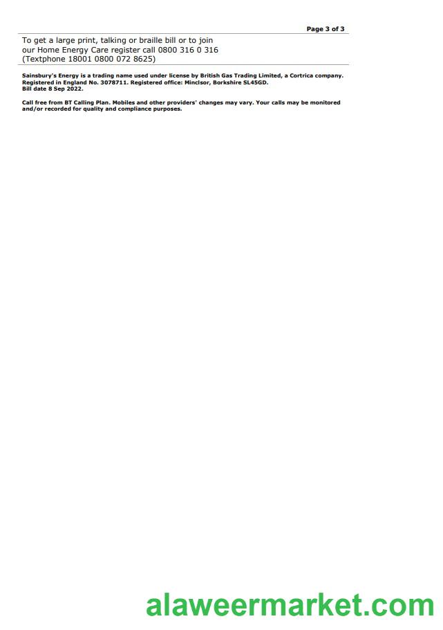 United Kingdom Sainsbury's Energy (British Gas) bill, Word and PDF template, 3 pages 3